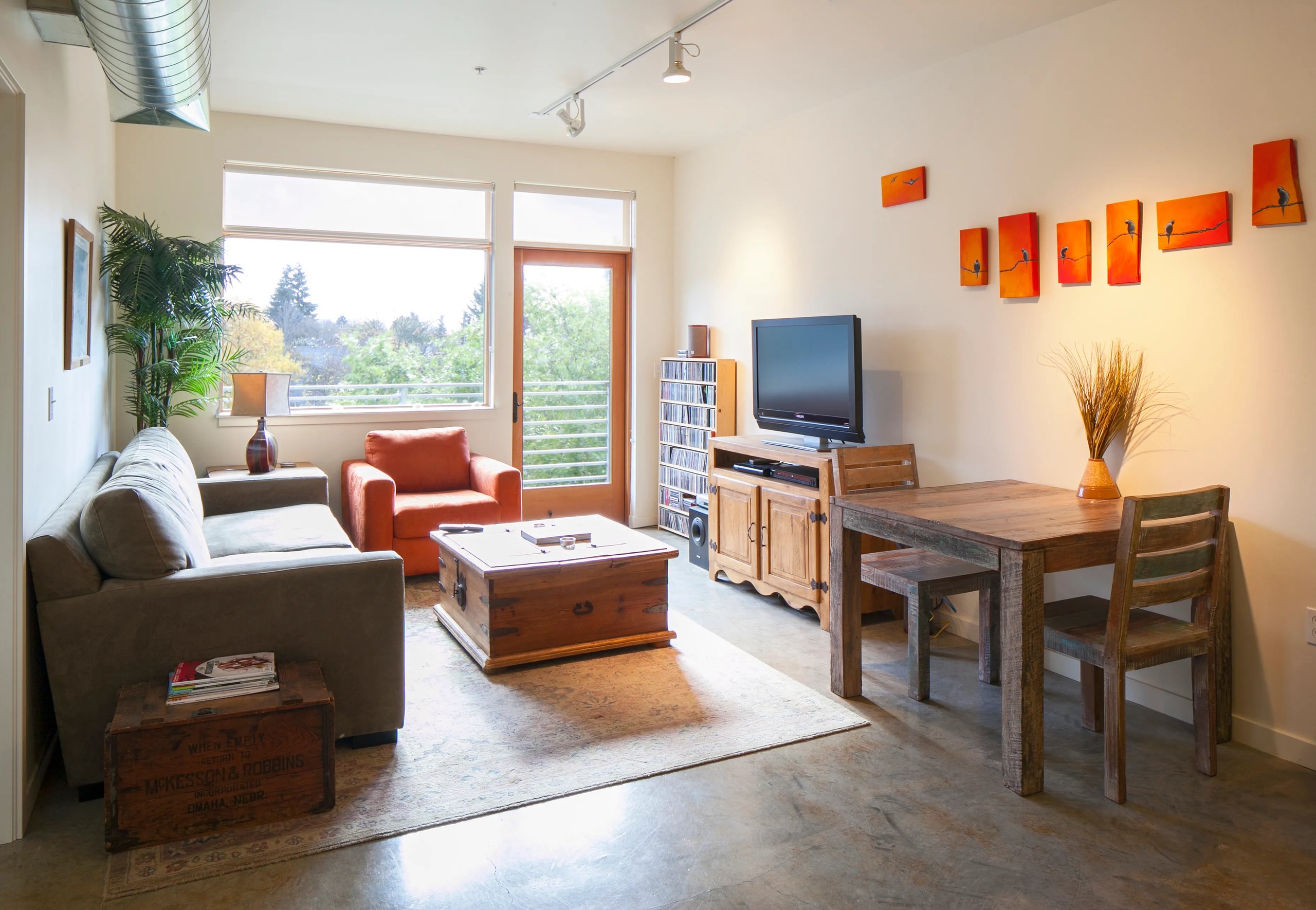 Living room with concrete floors